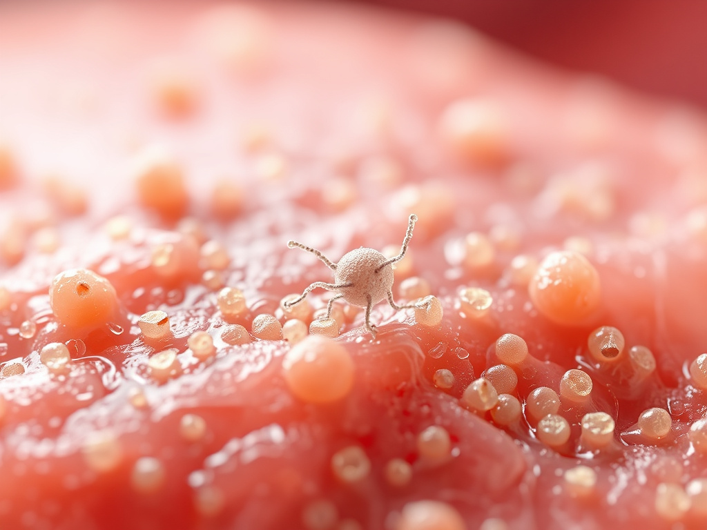 a microscopic view of bacteria on a raw food surface, rendered in a scientific and professional style