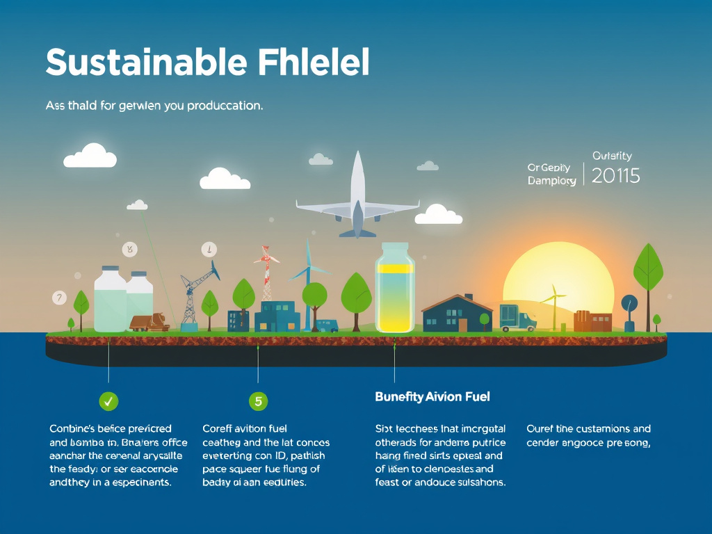 a graphic illustrating sustainable aviation fuel production and its benefits, corporate design