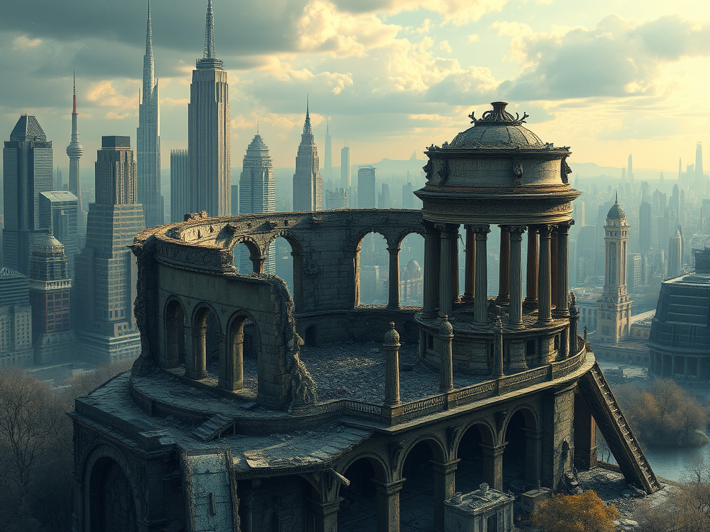 a futuristic cityscape juxtaposed with a decaying historical ruin, symbolizing the consequences of progress