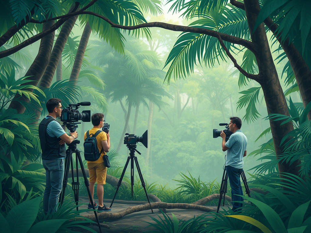 Film crew working on a set in a tropical forest, with a director giving instructions, corporate illustration style