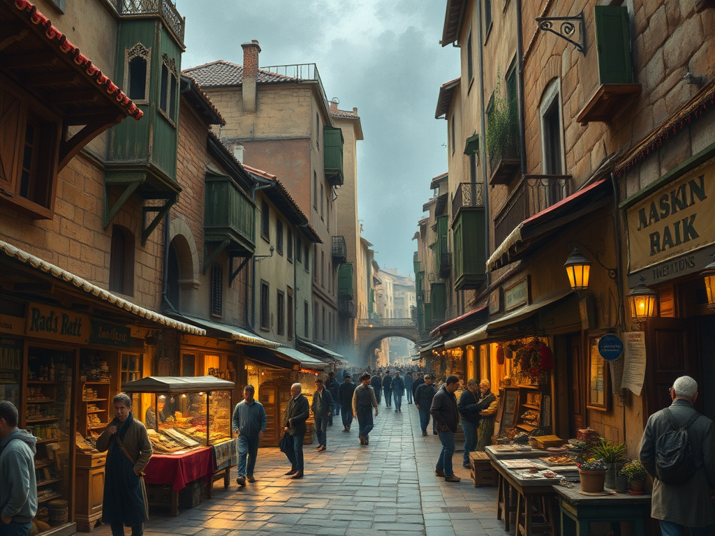 A bustling marketplace in a medieval Jewish ghetto, rendered in a detailed and realistic style with a professional color scheme