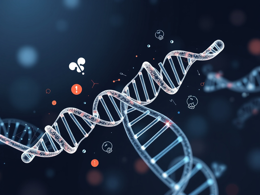 abstract representation of intertwined DNA strands with medical symbols in a sophisticated corporate style