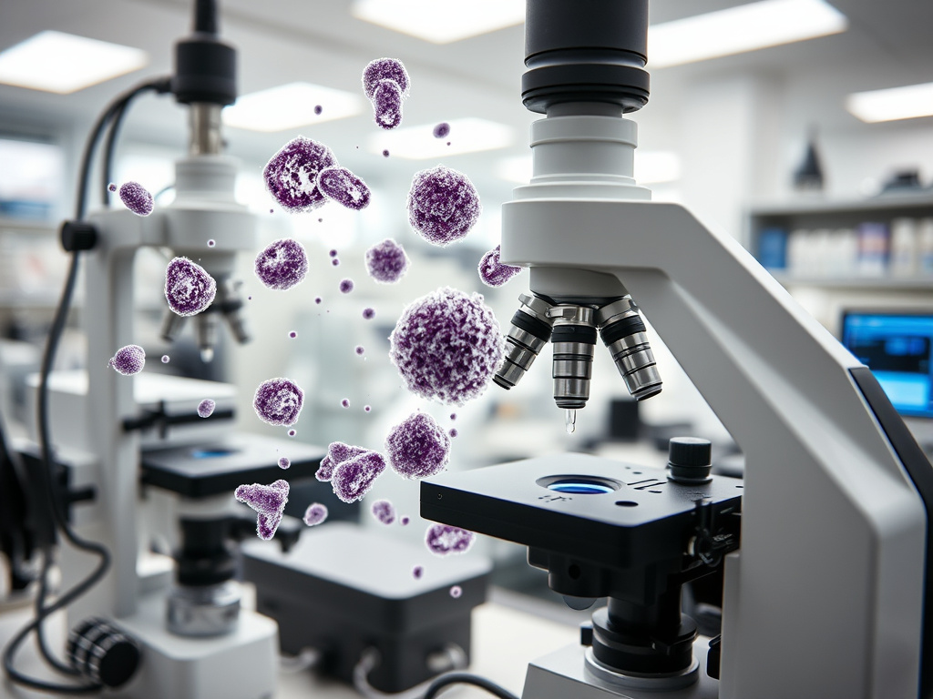 a microscopic view of cells being analyzed with sophisticated laboratory equipment in a clean, modern environment