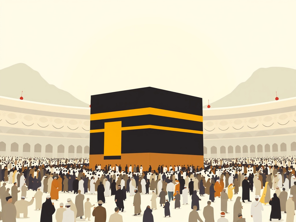 a stylized depiction of Kaaba with pilgrims surrounding it, representing the Hajj season and spiritual devotion
