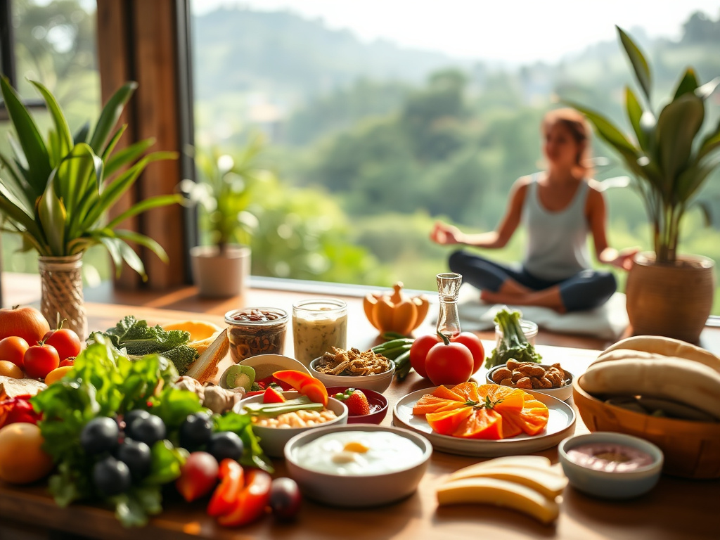 a colorful spread of healthy foods and a person meditating in a serene setting, corporate design
