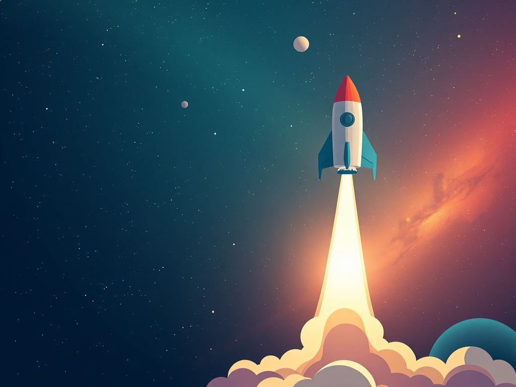 abstract illustration of a spacecraft launching into a starry galaxy, corporate design