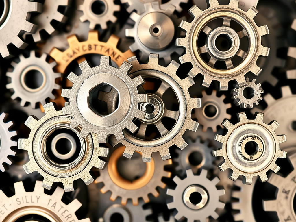Interlocking gears of different sizes and materials, representing the intricate mechanics of time, corporate design, mechanical