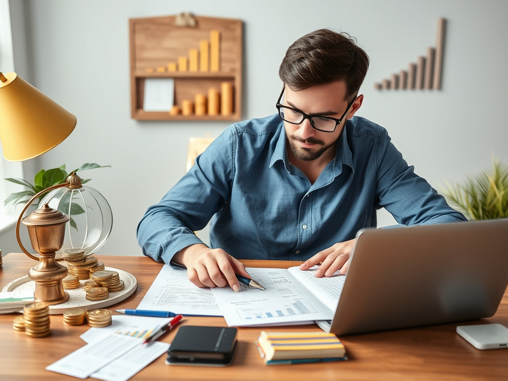 a person meticulously planning their finances on a laptop, surrounded by symbols of financial security and growth