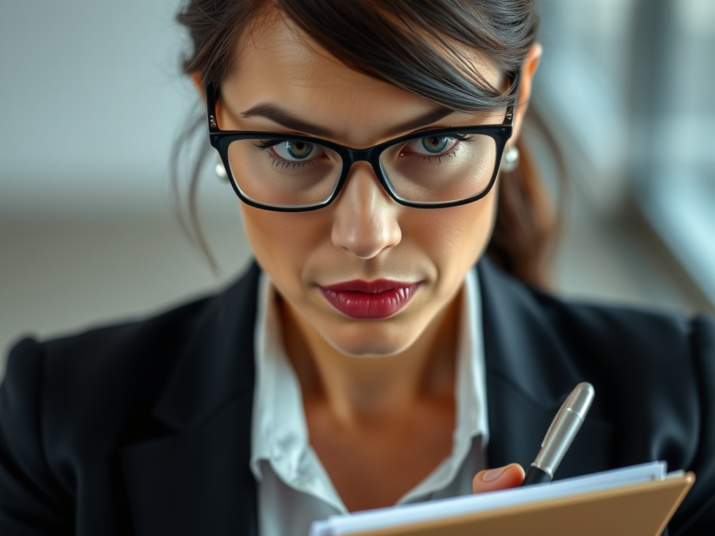 A close-up portrait of a woman with a determined expression, wearing professional attire and holding a notepad and pen