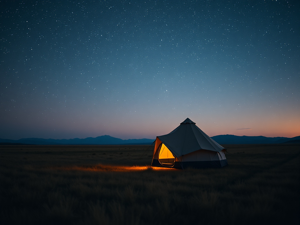 a lone tent set up in a vast, open landscape under a starry sky, corporate design