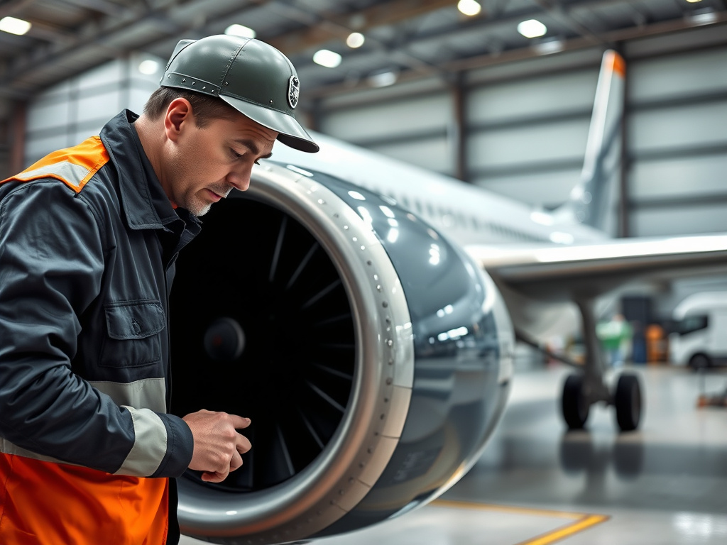 an inspector meticulously examining a plane's engine, industrial and focused, corporate design