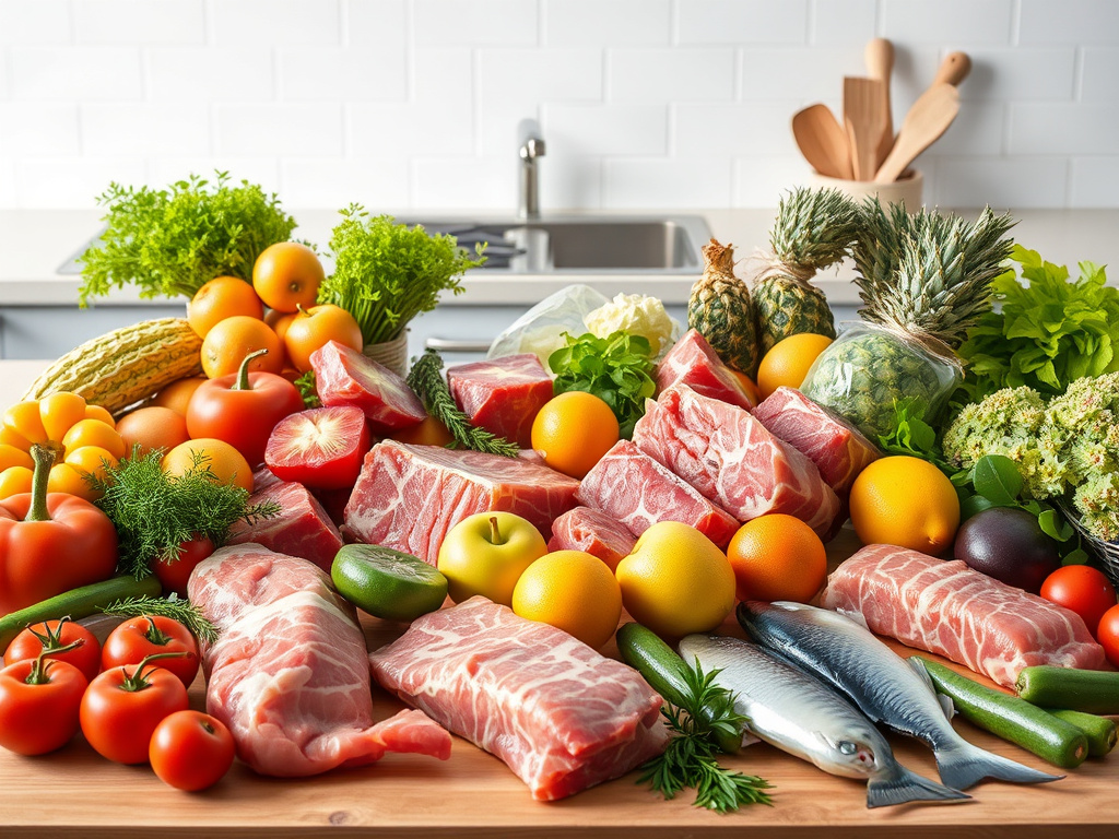 Variety of raw food items – meat, fish, fruits, and vegetables – scattered on a clean kitchen counter, corporate visual style
