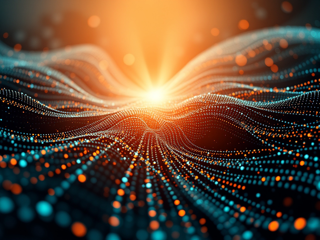 a flowing stream of digital data represented as particles, converging into a central point