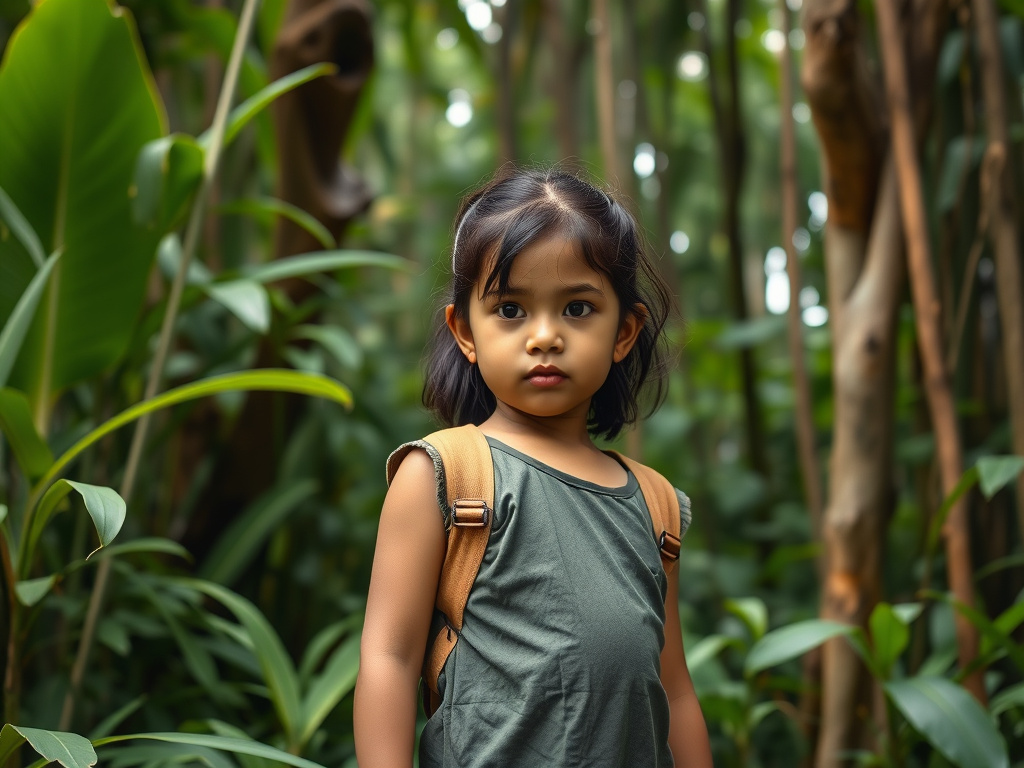 A young girl standing in a lush Indonesian rainforest, looking determined and adventurous, corporate visual style