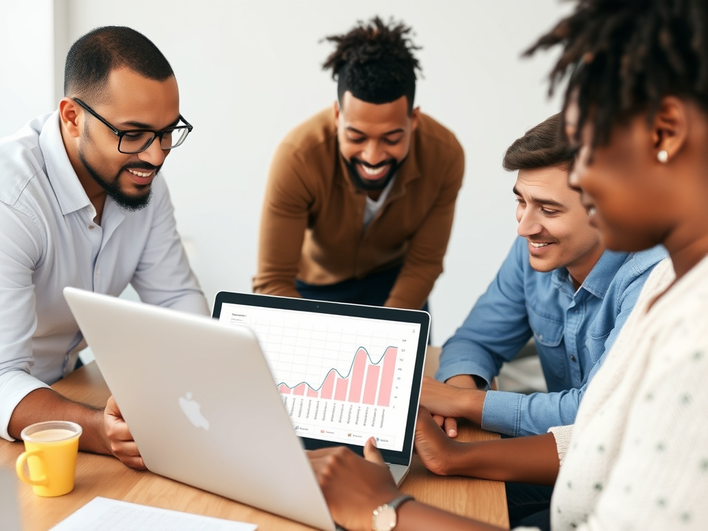 a group of diverse people collaborating around a table, looking at a laptop screen with a graph