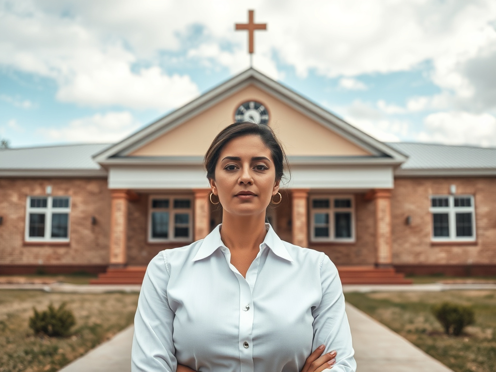 a woman standing in front of a simple school building, looking determined, corporate design
