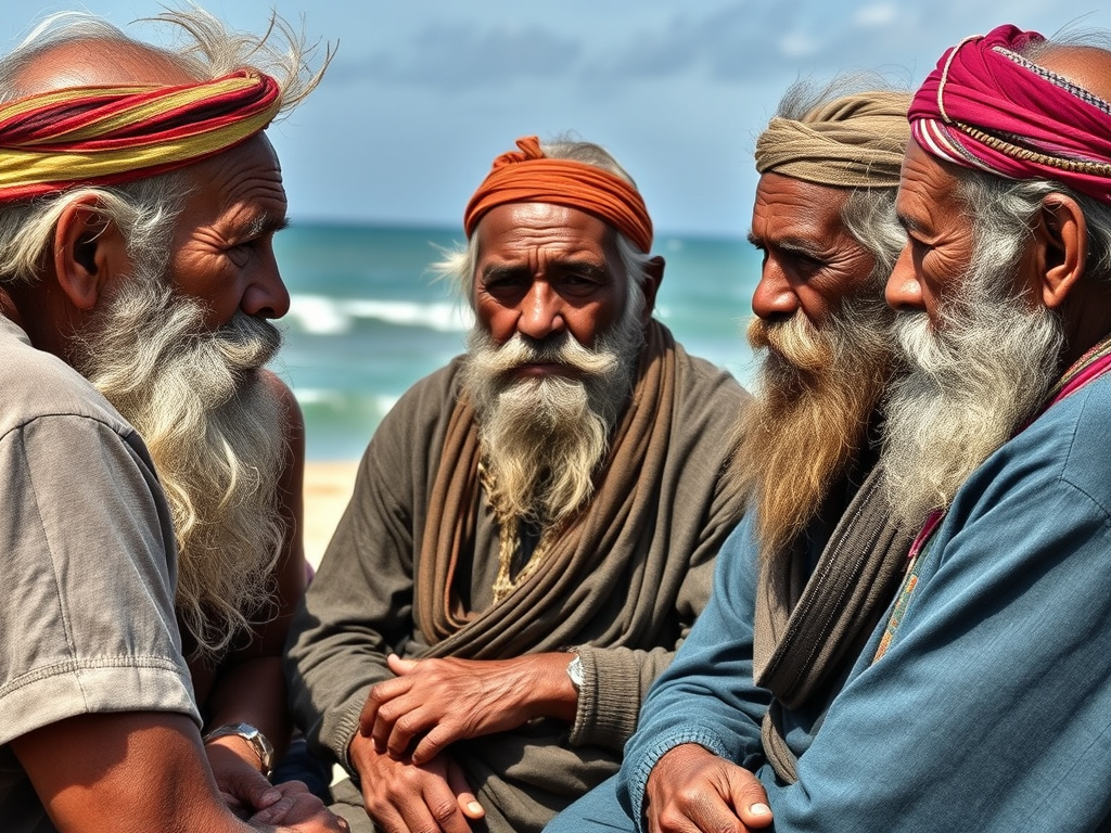 a group of Bajo elders gathered in discussion, their faces weathered by the sun and sea