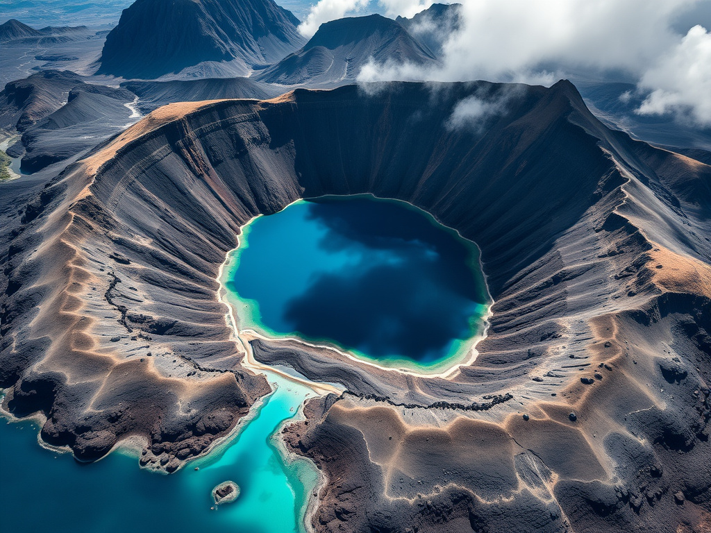 aerial view of a rugged volcanic landscape with a caldera filled with pristine blue water, corporate design