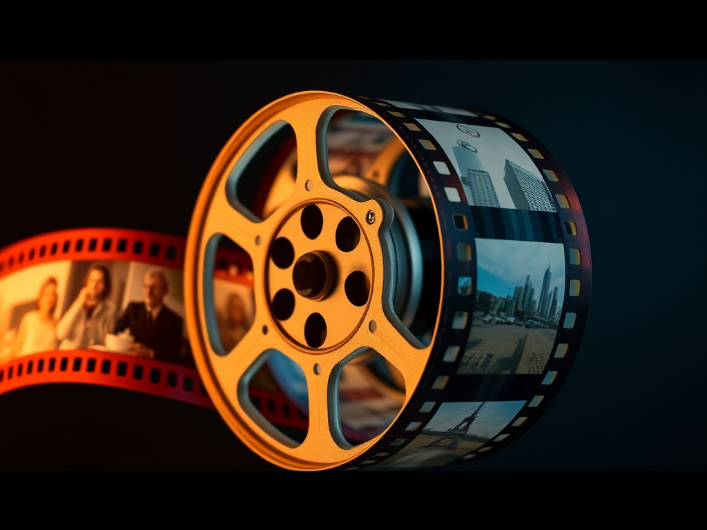 A vintage film reel unspooling, revealing images of different eras, corporate design, cinematic