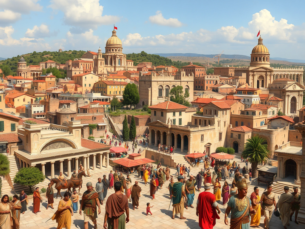 a bustling roman city in a conquered province, showing a blend of roman and local architectural styles and people