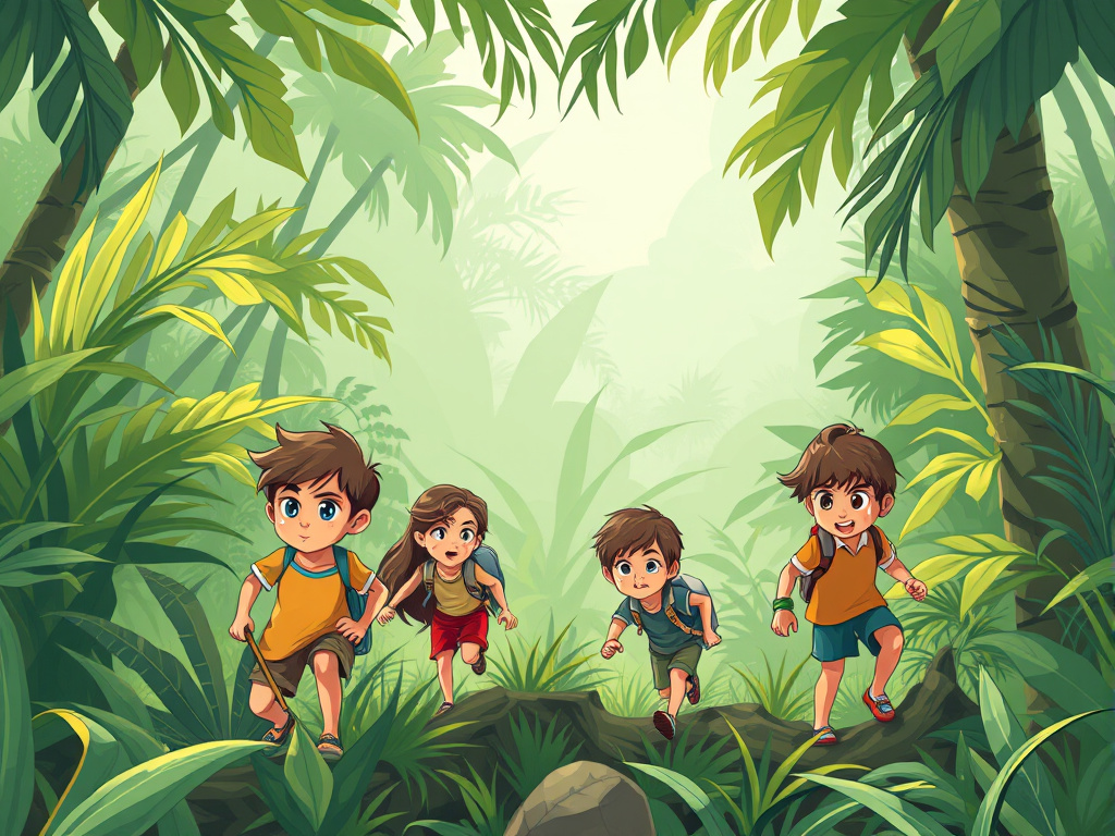 A group of children exploring a lush jungle, looking determined and adventurous, corporate design