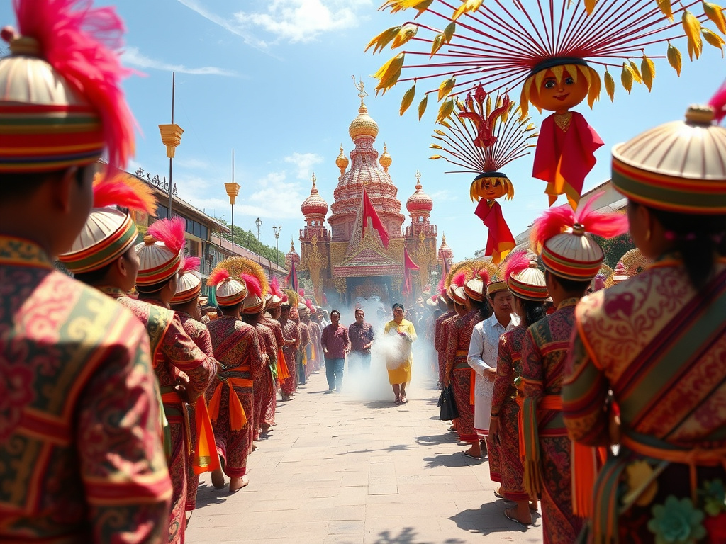 A vibrant scene depicting a traditional Indonesian festival, focusing on the people and costumes, corporate visual style