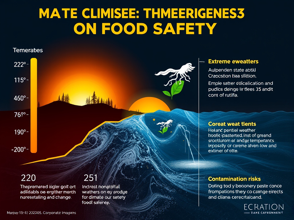 a visual representation of the impact of climate change on food safety, showing rising temperatures, extreme weather events, and increased contamination risks, corporate environmental imagery