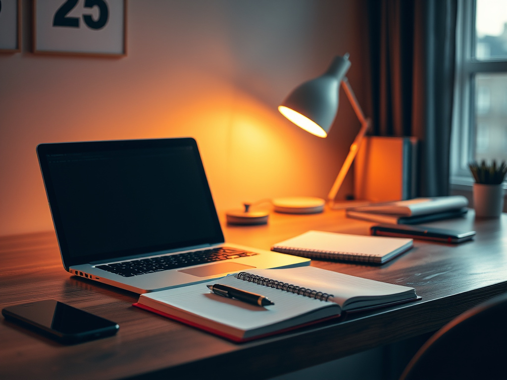 a warmly lit office desk with a laptop, notebook, and pen, suggesting creative work and focus