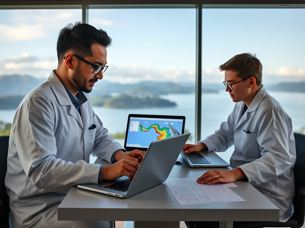 Scientists analyzing geological data on laptops in a research lab overlooking Lake Toba, corporate design