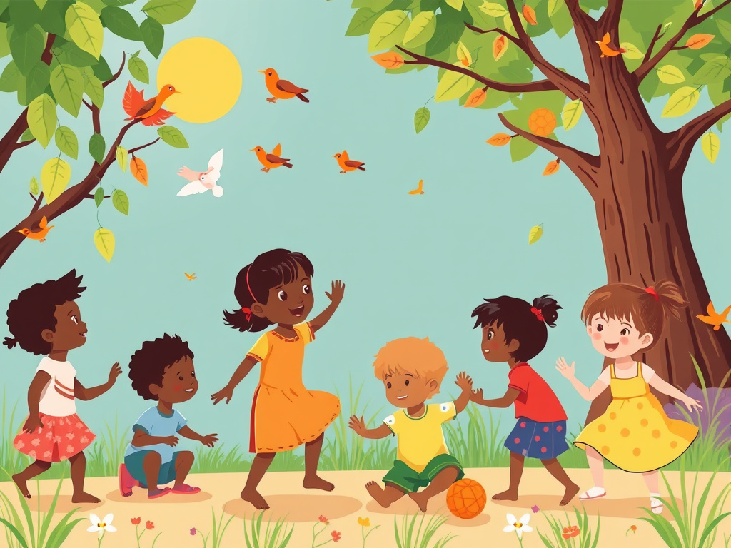 A vibrant scene depicting diverse children playing and interacting in a natural and harmonious environment, corporate design