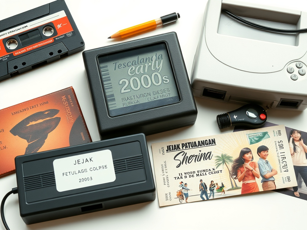 A collage of nostalgic items from the early 2000s, including a cassette tape, a video game console, and a 'Jejak Petualangan Sherina' movie ticket, corporate design