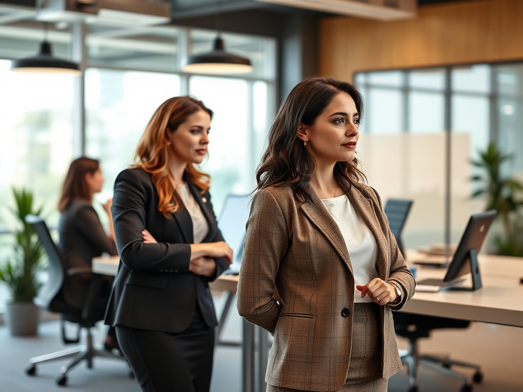 A modern office environment with women in leadership positions, illustrating gender equality in the workplace, corporate design