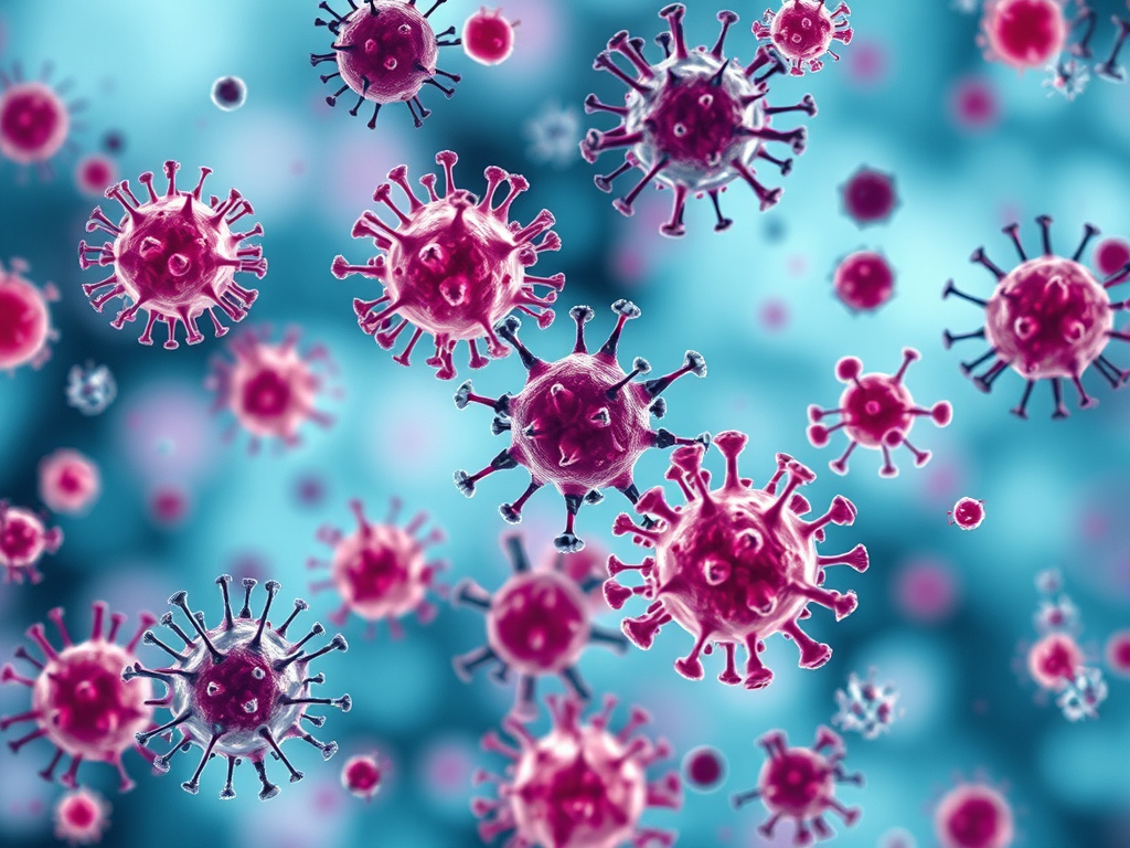 Microscopic view of various bacteria and viruses, abstract and scientific, corporate visual style