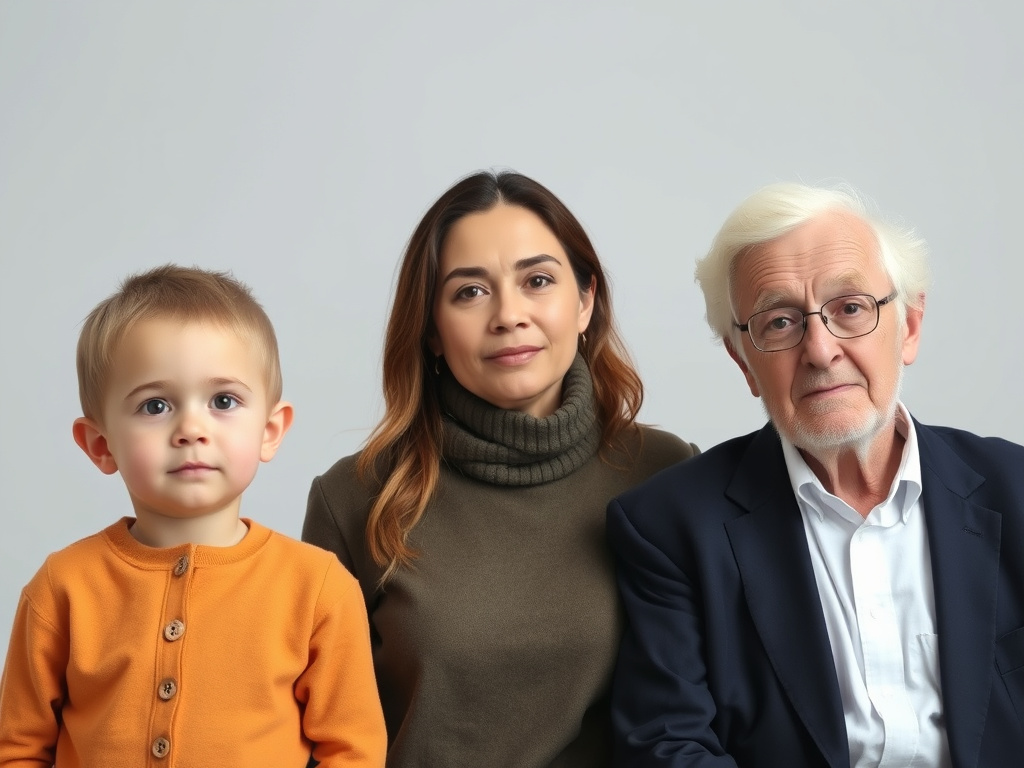 a diverse group of people representing different age groups – a child, an adult, and an elderly person – shown in a neutral, thoughtful pose