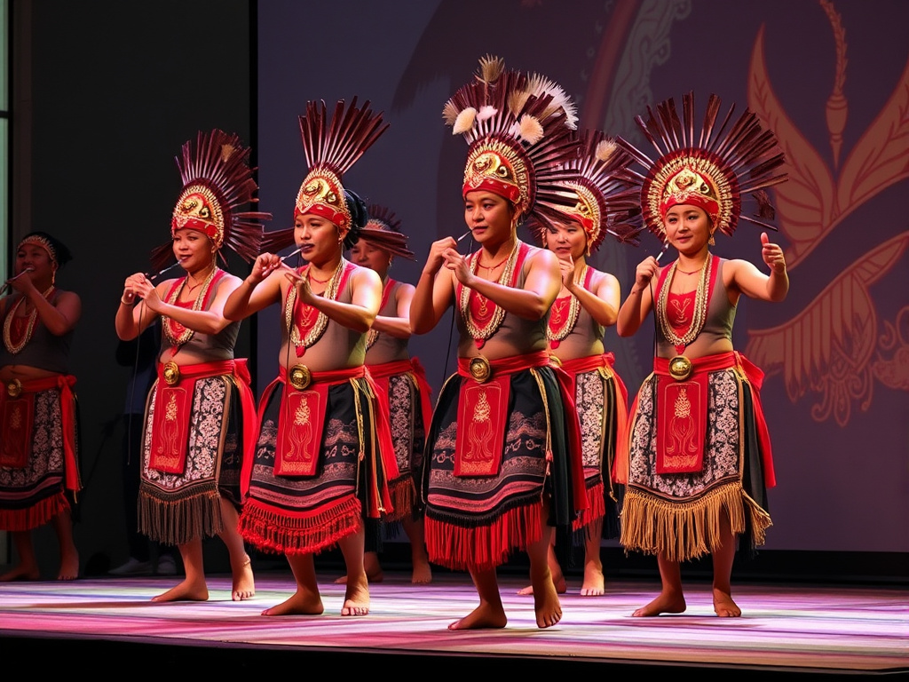 A vibrant Dayak cultural performance, showcasing traditional music, dance, and costumes, illustrating their contribution to Indonesia's cultural diversity, corporate design