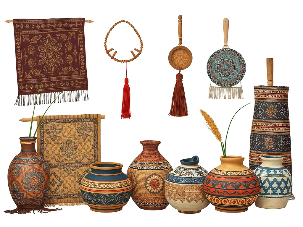collection of traditional Madurese crafts, including batik, woven textiles, and pottery, neutral background, corporate design