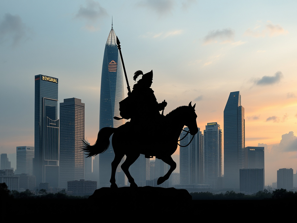 a modern Indonesian cityscape with a subtle silhouette of Wiro Sableng and his companions overlaid, representing enduring legacy, corporate design