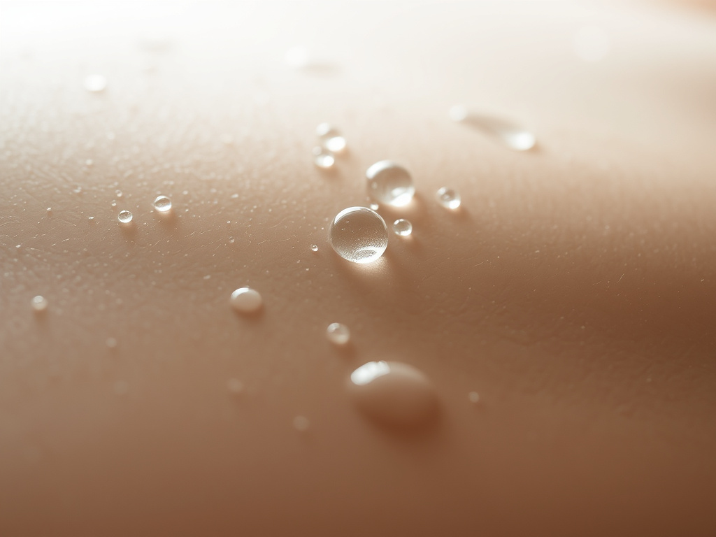 a close-up of water droplets falling on skin, with a soft, calming light