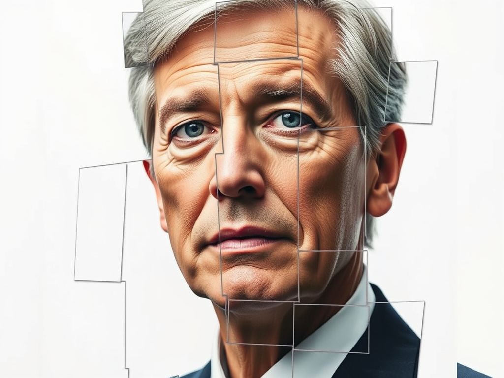 A fragmented portrait of a person, with pieces of the image representing different eras, corporate style