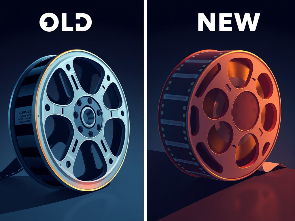 Side-by-side comparison of two film reels, one old and one new, representing the evolution of a film series, corporate illustration style