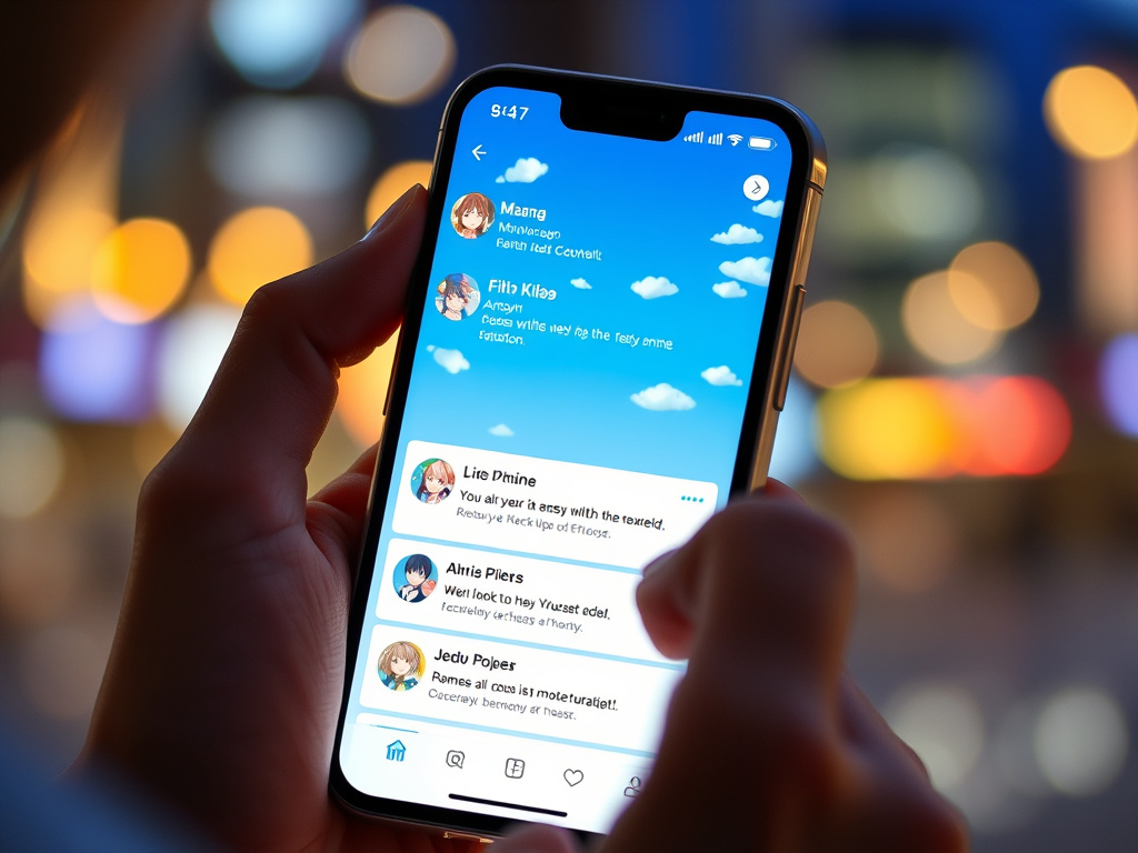 a person looking at a smartphone with anime-related notifications, corporate design