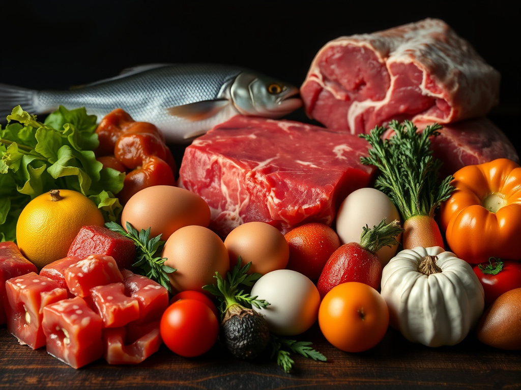 a collection of raw food items – meat, fish, eggs, fruits, and vegetables – each subtly highlighted with a warning glow effect