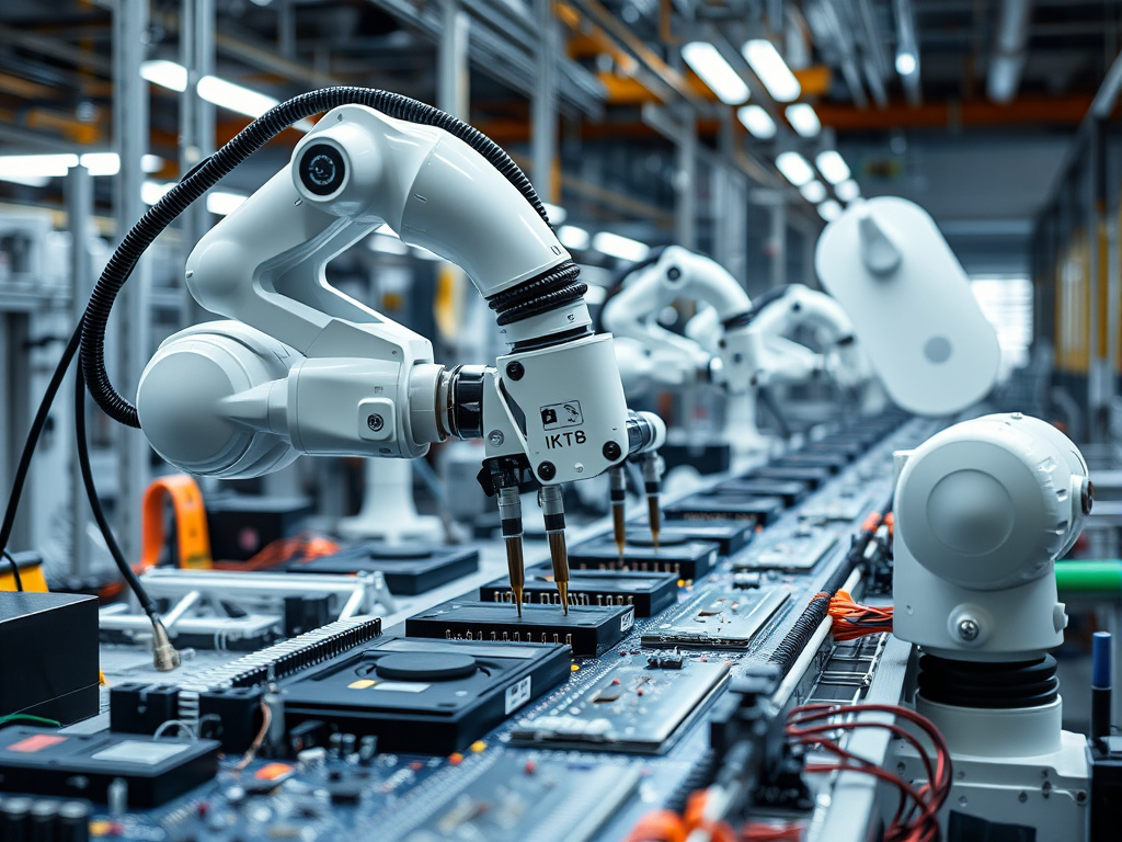 a robotic arm assembling electronic components on a factory assembly line