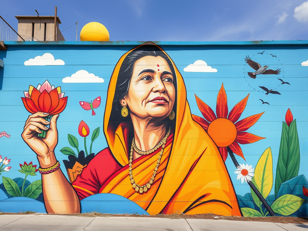 A mural depicting Kartini with symbolic elements representing her ideals, corporate design
