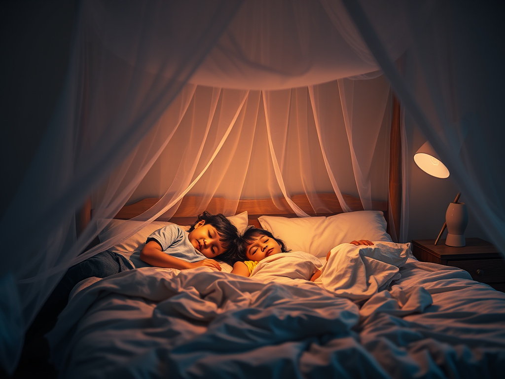 a family sleeping peacefully under a mosquito net, in a comfortable bedroom setting, corporate design