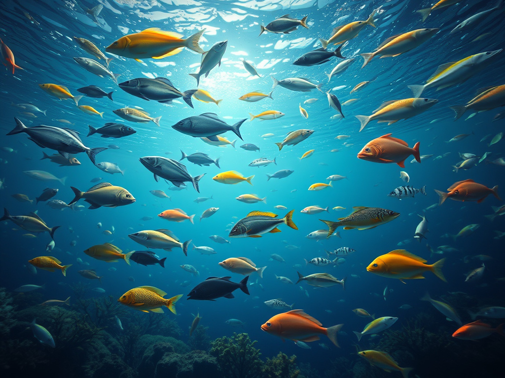 Underwater scene showcasing diverse fish species in Lake Toba, corporate design