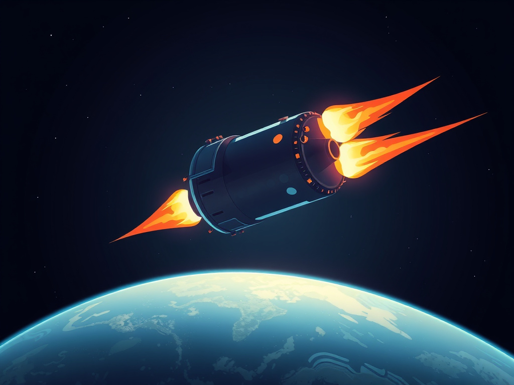 illustration of a space capsule re-entering the Earth's atmosphere, flames visible, corporate design