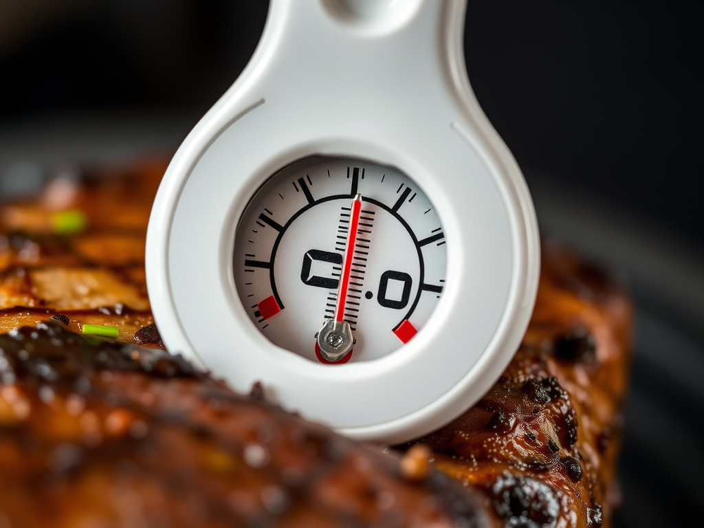 a close-up of a food thermometer inserted into a piece of cooked meat, displaying the temperature reading