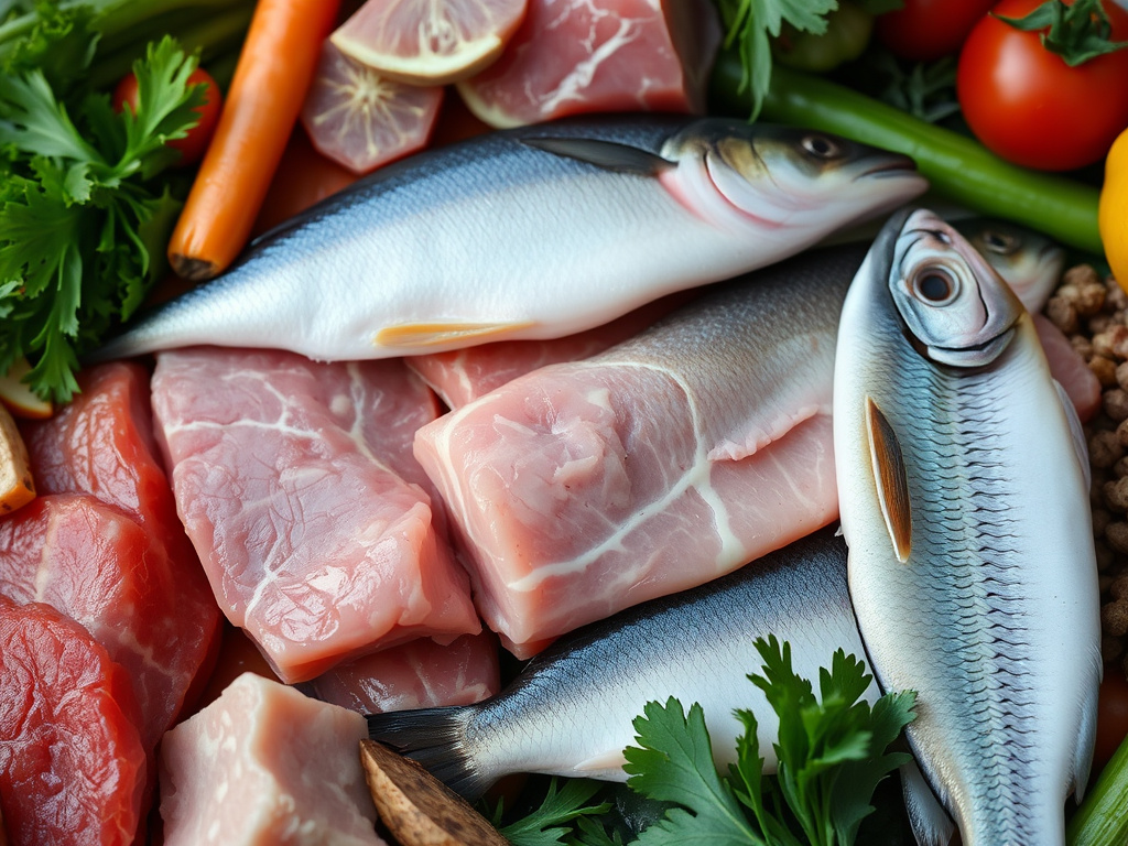 a close-up of various raw foods like meat, fish, and vegetables, arranged in a slightly chaotic manner, highlighting the potential for unseen hazards
