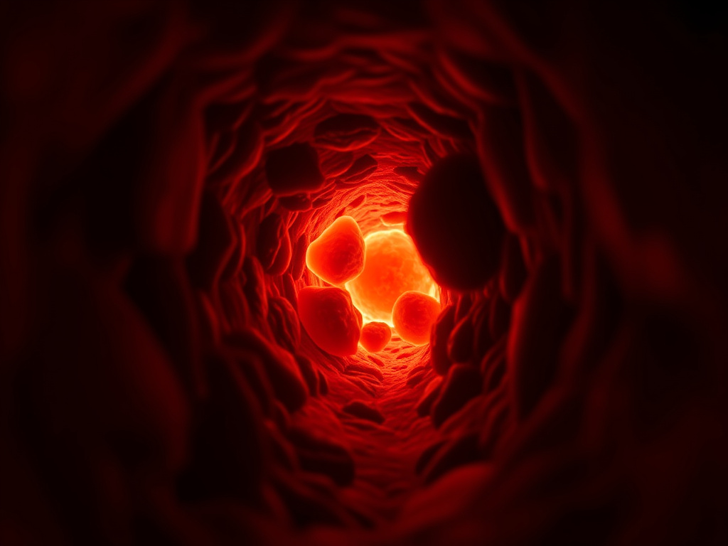 a microscopic view of cholesterol plaques building up inside an artery, dark tones